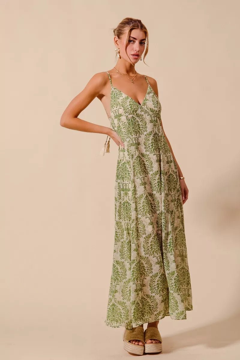 SO ME Damask Floral Summer Maxi Flowy Dress With Open Back - Bitsy Gypsy Boutique