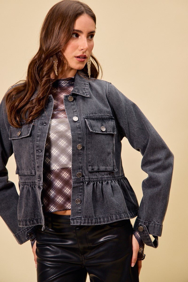 SO ME Denim Peplum Hem Front Button Jacket With Pockets - Bitsy Gypsy Boutique