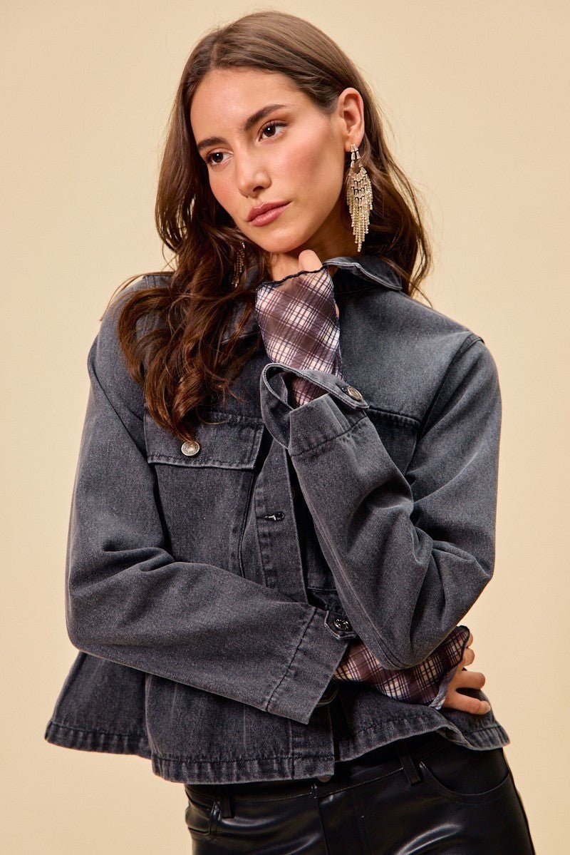 SO ME Denim Peplum Hem Front Button Jacket With Pockets - Bitsy Gypsy Boutique