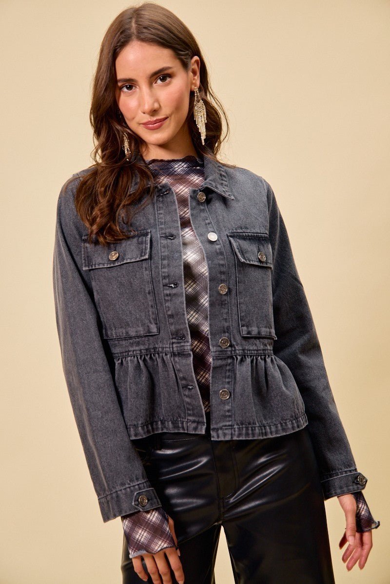 SO ME Denim Peplum Hem Front Button Jacket With Pockets - Bitsy Gypsy Boutique
