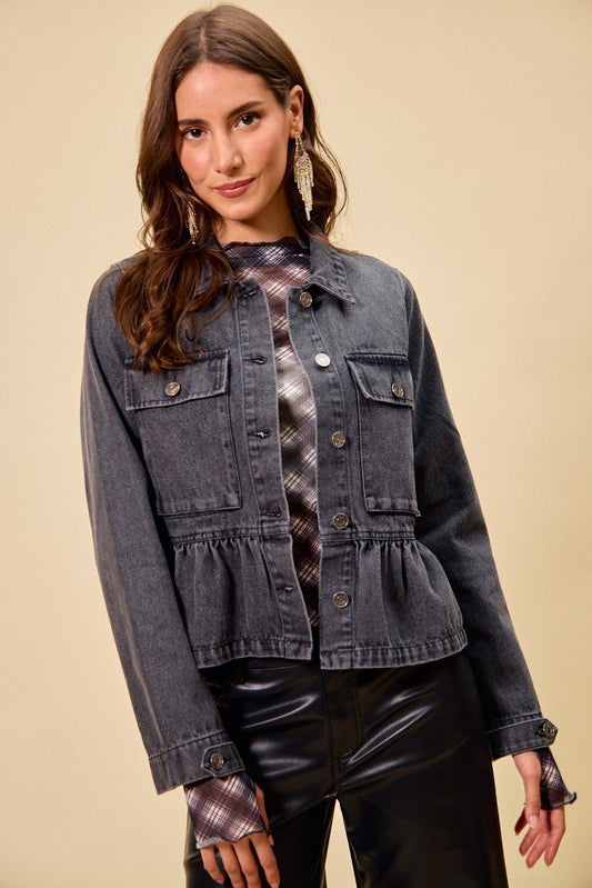 SO ME Denim Peplum Hem Front Button Jacket With Pockets - Bitsy Gypsy Boutique