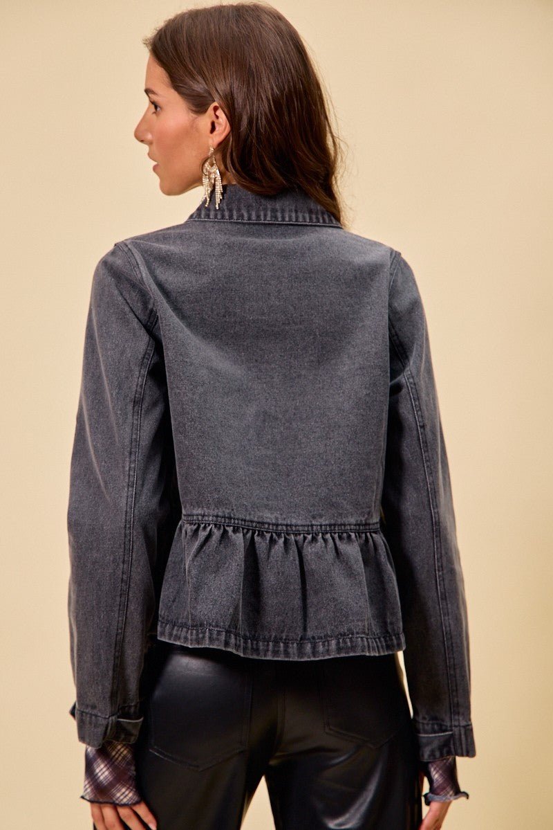 SO ME Denim Peplum Hem Front Button Jacket With Pockets - Bitsy Gypsy Boutique