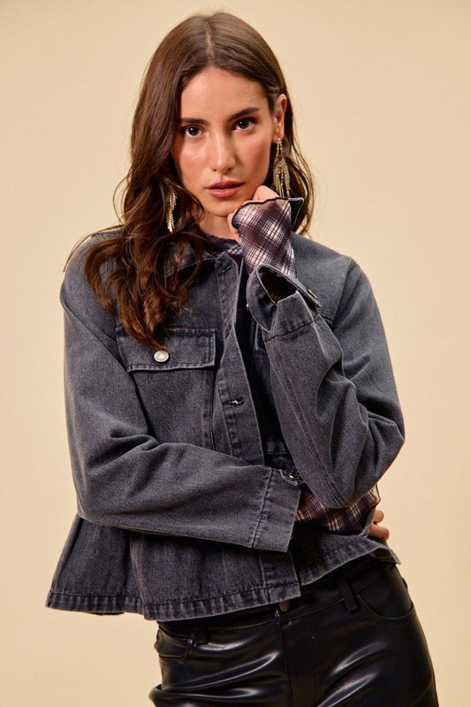 SO ME Denim Peplum Hem Front Button Jacket With Pockets - Bitsy Gypsy Boutique