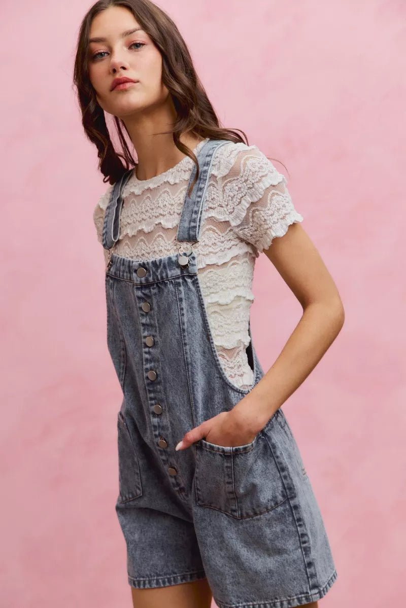 SO ME Denim Washed On Front With Adjustable Strap Romper - Bitsy Gypsy Boutique