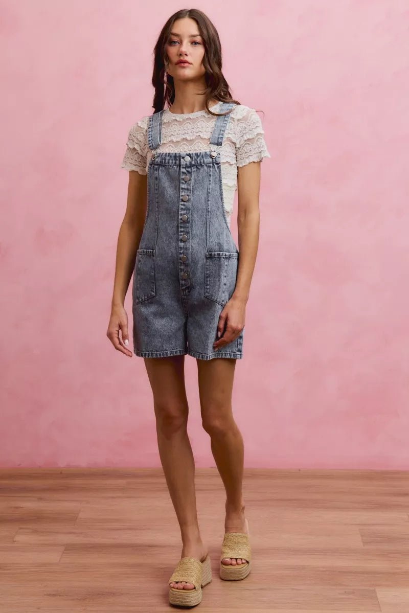 SO ME Denim Washed On Front With Adjustable Strap Romper - Bitsy Gypsy Boutique