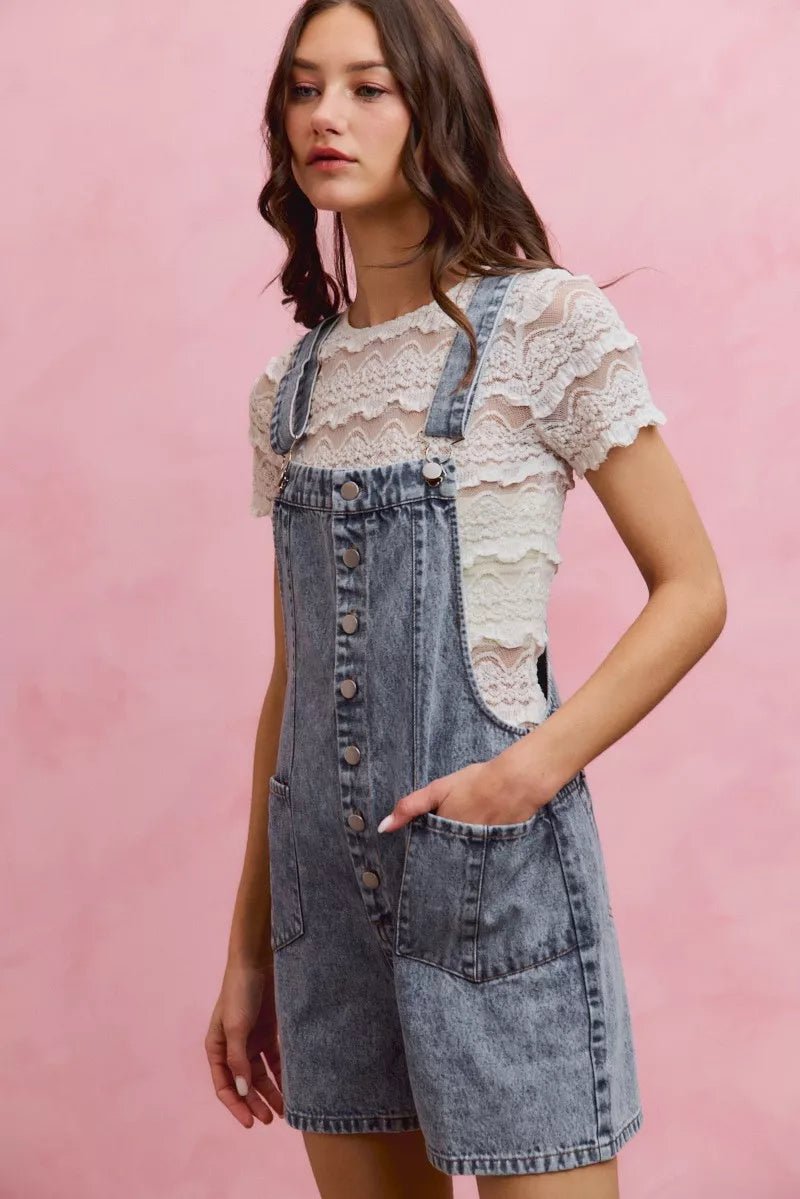 SO ME Denim Washed On Front With Adjustable Strap Romper - Bitsy Gypsy Boutique