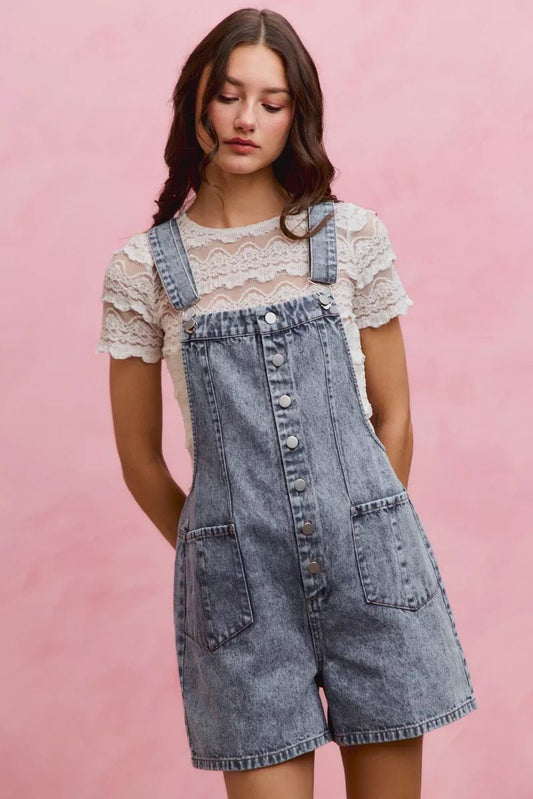 SO ME Denim Washed On Front With Adjustable Strap Romper - Bitsy Gypsy Boutique