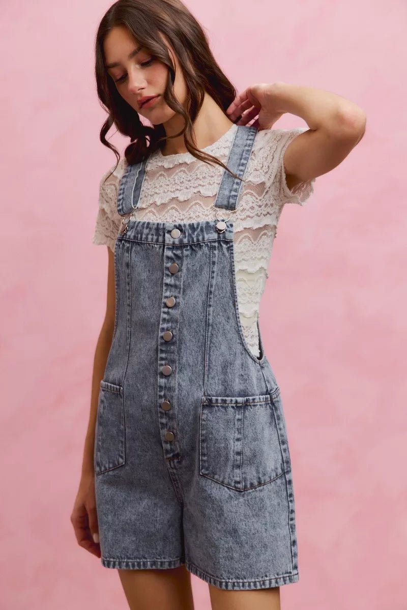 SO ME Denim Washed On Front With Adjustable Strap Romper - Bitsy Gypsy Boutique