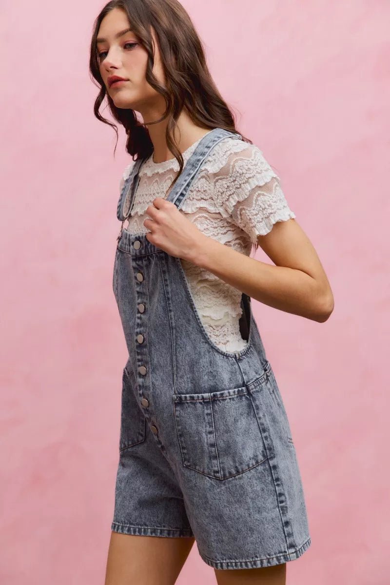 SO ME Denim Washed On Front With Adjustable Strap Romper - Bitsy Gypsy Boutique
