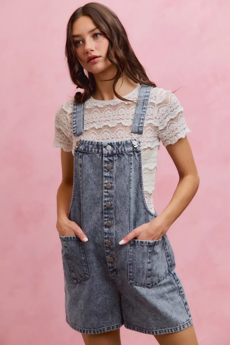 SO ME Denim Washed On Front With Adjustable Strap Romper - Bitsy Gypsy Boutique