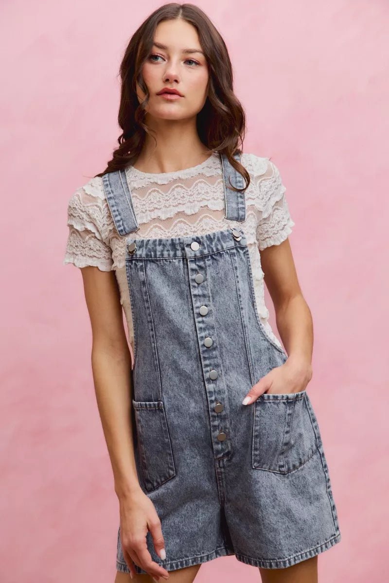 SO ME Denim Washed On Front With Adjustable Strap Romper - Bitsy Gypsy Boutique