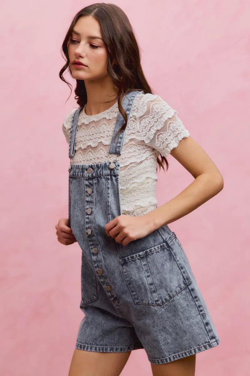 SO ME Denim Washed On Front With Adjustable Strap Romper - Bitsy Gypsy Boutique