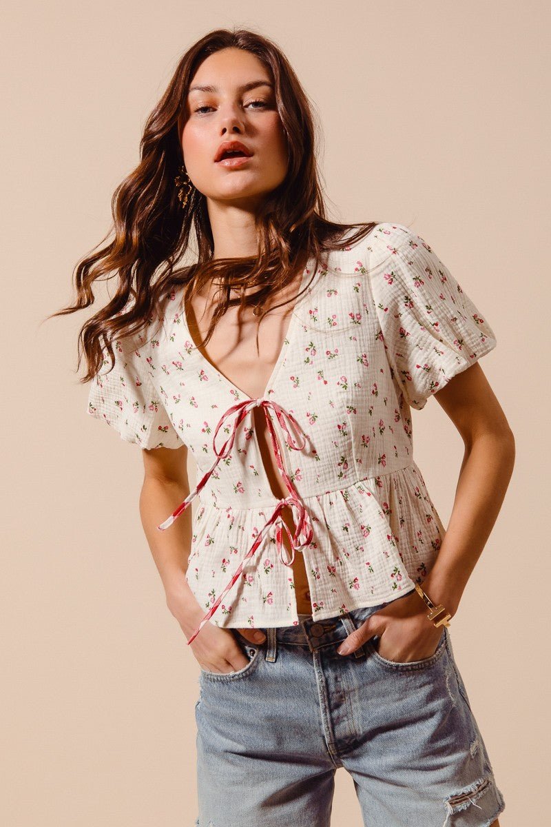 SO ME Ditsy Floral Print Gauze Tie - Front Blouse - Bitsy Gypsy Boutique