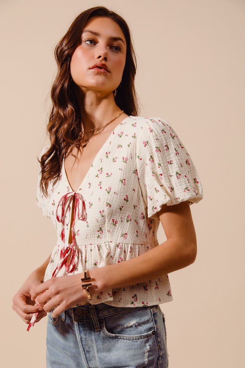SO ME Ditsy Floral Print Gauze Tie - Front Blouse - Bitsy Gypsy Boutique