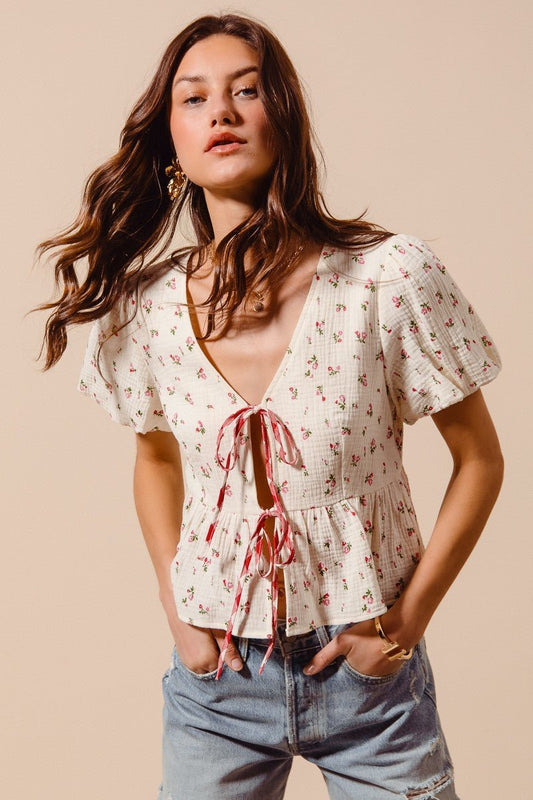 SO ME Ditsy Floral Print Gauze Tie - Front Blouse - Bitsy Gypsy Boutique