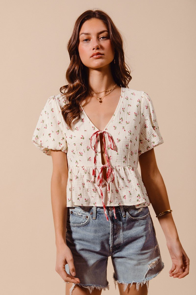 SO ME Ditsy Floral Print Gauze Tie - Front Blouse - Bitsy Gypsy Boutique