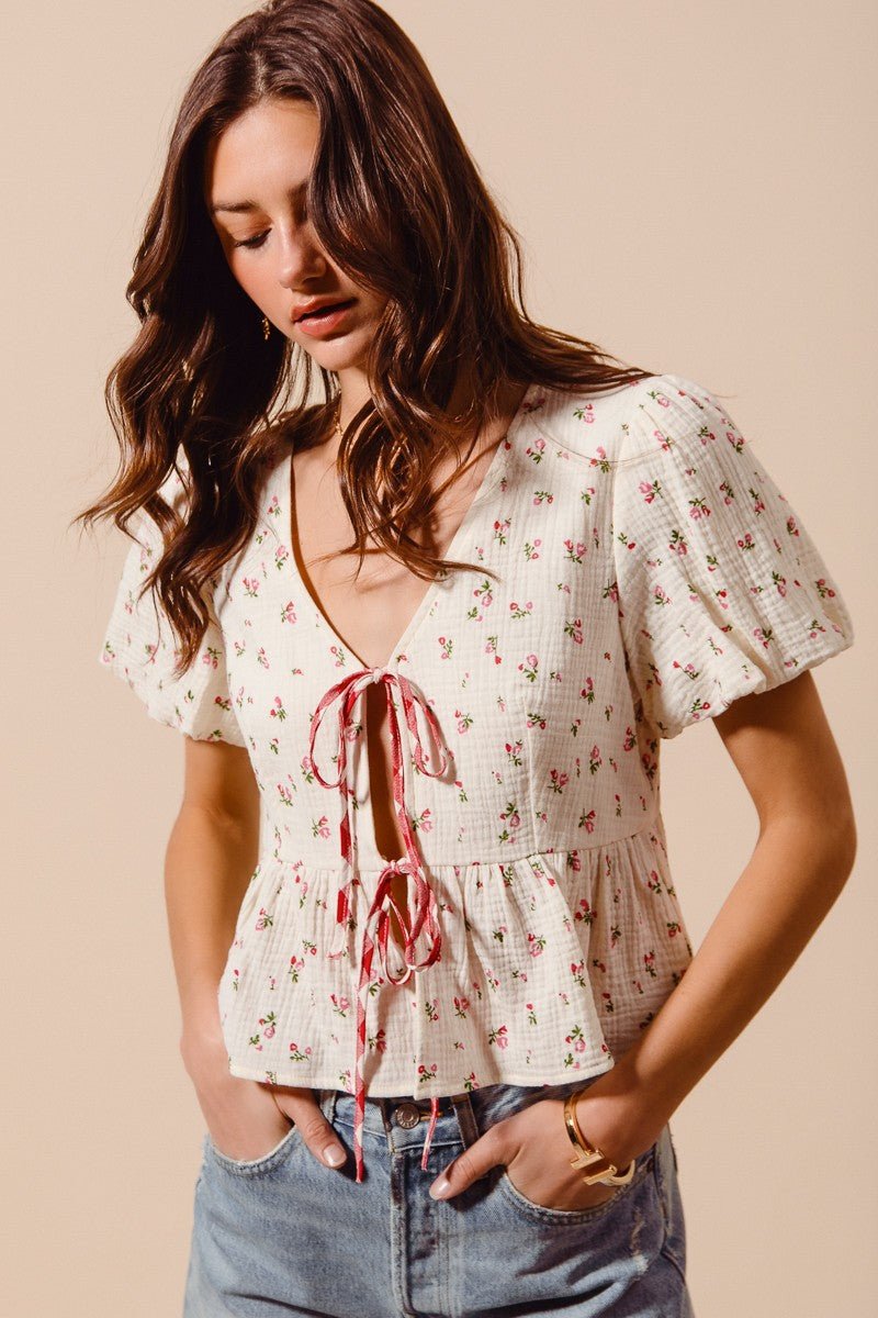 SO ME Ditsy Floral Print Gauze Tie - Front Blouse - Bitsy Gypsy Boutique