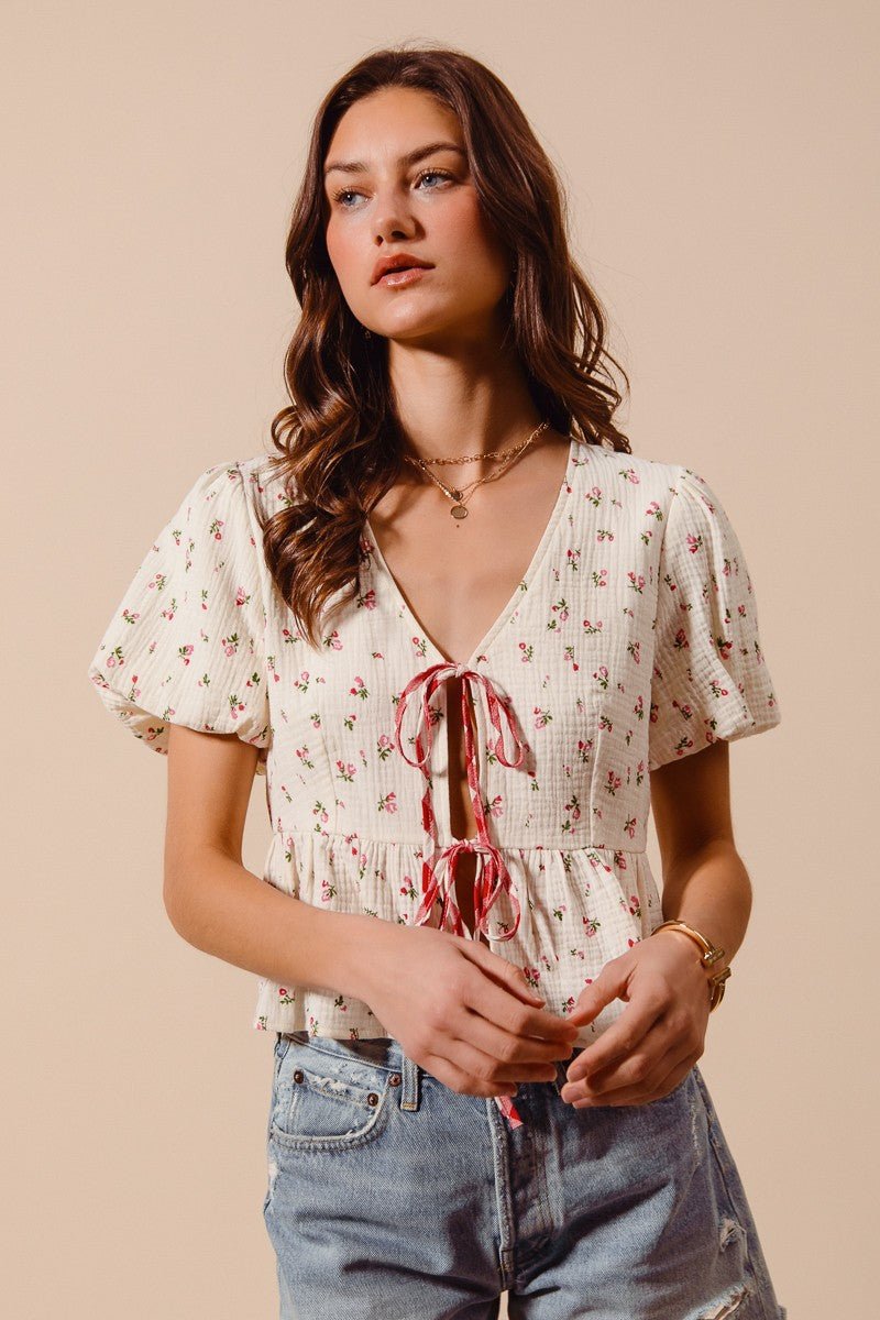 SO ME Ditsy Floral Print Gauze Tie - Front Blouse - Bitsy Gypsy Boutique
