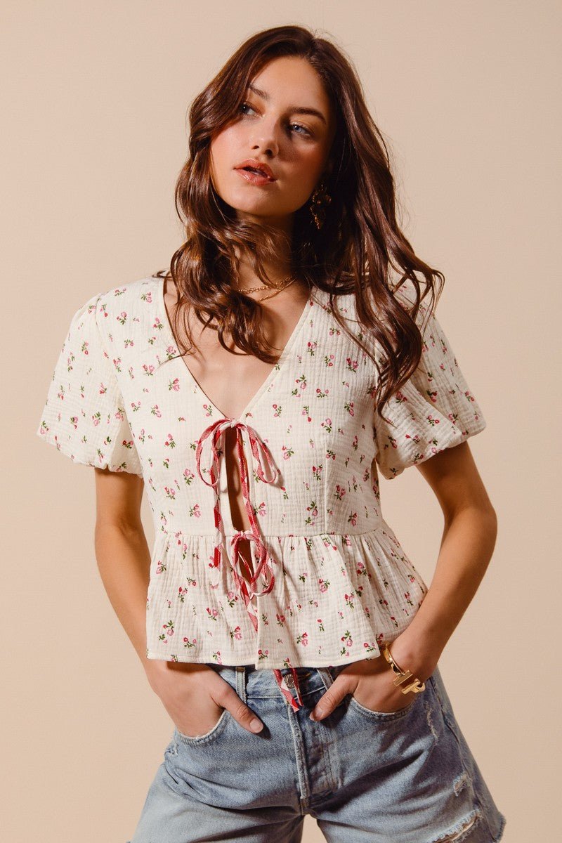 SO ME Ditsy Floral Print Gauze Tie - Front Blouse - Bitsy Gypsy Boutique