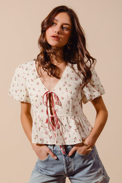 SO ME Ditsy Floral Print Gauze Tie - Front Blouse - Bitsy Gypsy Boutique