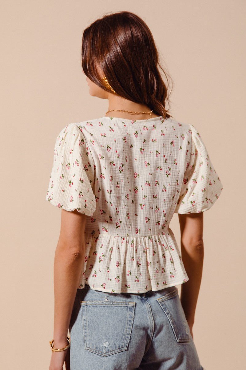 SO ME Ditsy Floral Print Gauze Tie - Front Blouse - Bitsy Gypsy Boutique