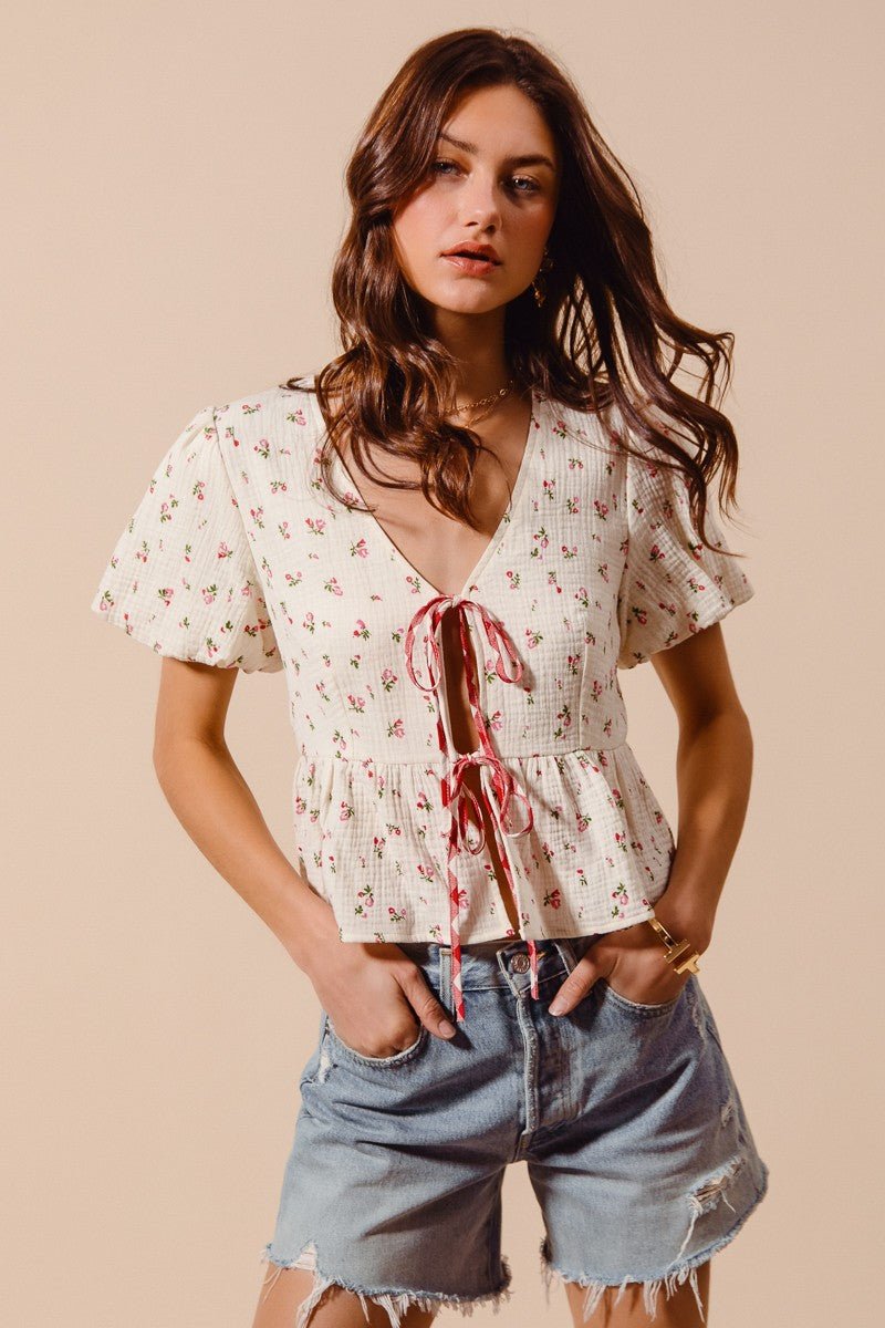 SO ME Ditsy Floral Print Gauze Tie - Front Blouse - Bitsy Gypsy Boutique