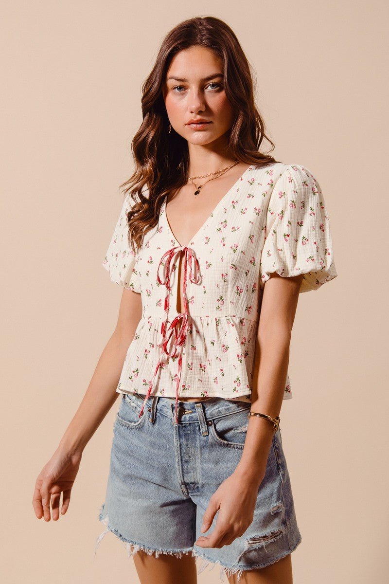 SO ME Ditsy Floral Print Gauze Tie - Front Blouse - Bitsy Gypsy Boutique