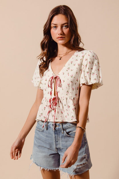 SO ME Ditsy Floral Print Gauze Tie - Front Blouse - Bitsy Gypsy Boutique