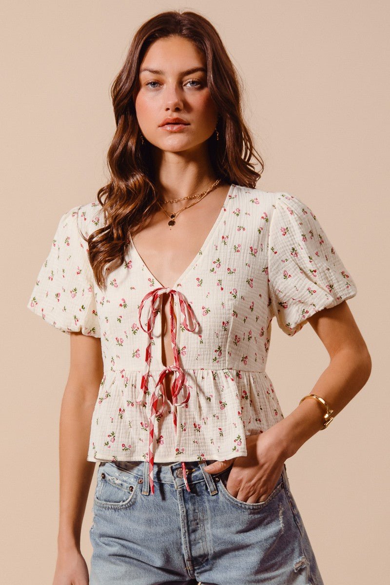 SO ME Ditsy Floral Print Gauze Tie - Front Blouse - Bitsy Gypsy Boutique