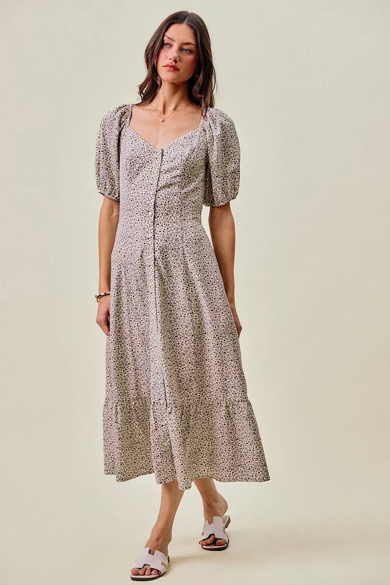 SO ME Ditsy Floral Self Belt On Elastic Waist Maxi Dress - Bitsy Gypsy Boutique