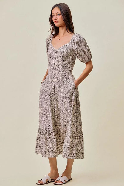 SO ME Ditsy Floral Self Belt On Elastic Waist Maxi Dress - Bitsy Gypsy Boutique