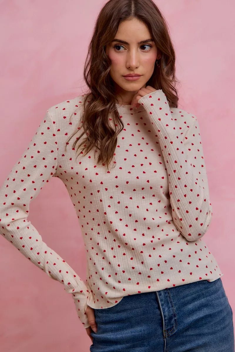 SO ME Ditsy Heart All Over Slub Rib Knit Valentine Top - Bitsy Gypsy Boutique