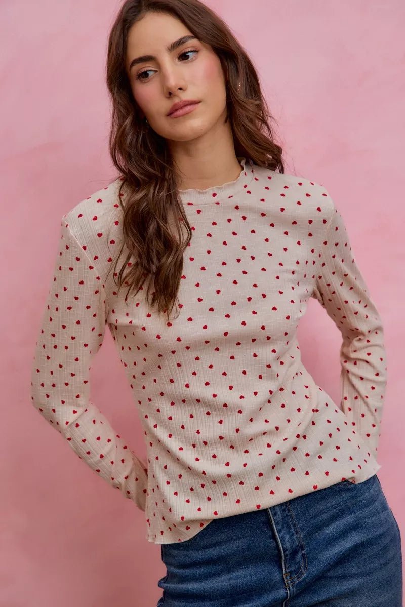 SO ME Ditsy Heart All Over Slub Rib Knit Valentine Top - Bitsy Gypsy Boutique