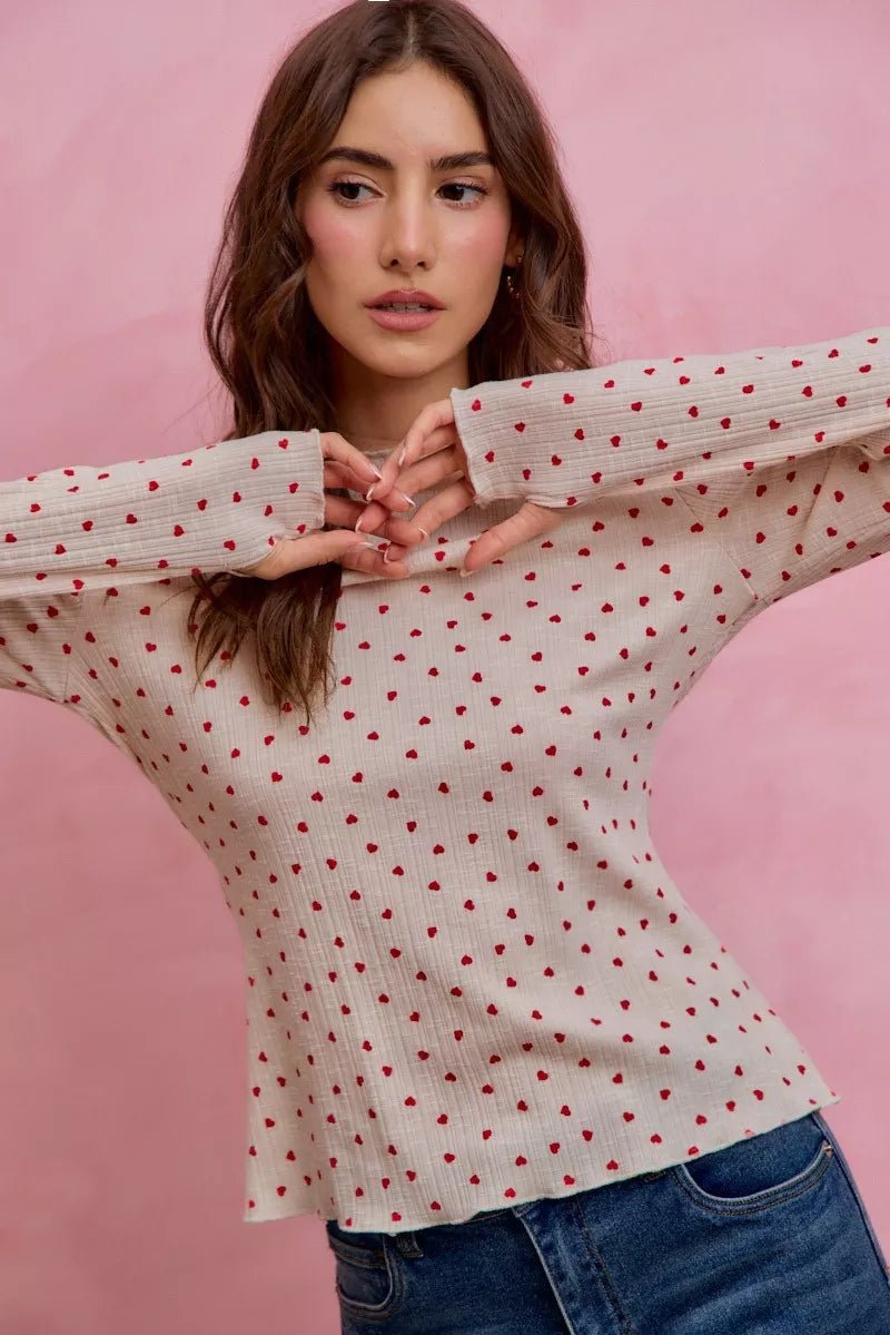 SO ME Ditsy Heart All Over Slub Rib Knit Valentine Top - Bitsy Gypsy Boutique