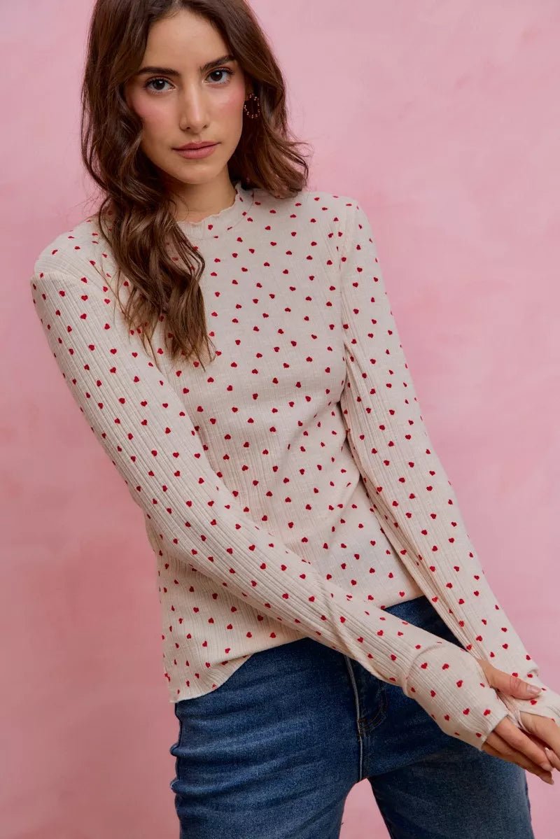 SO ME Ditsy Heart All Over Slub Rib Knit Valentine Top - Bitsy Gypsy Boutique