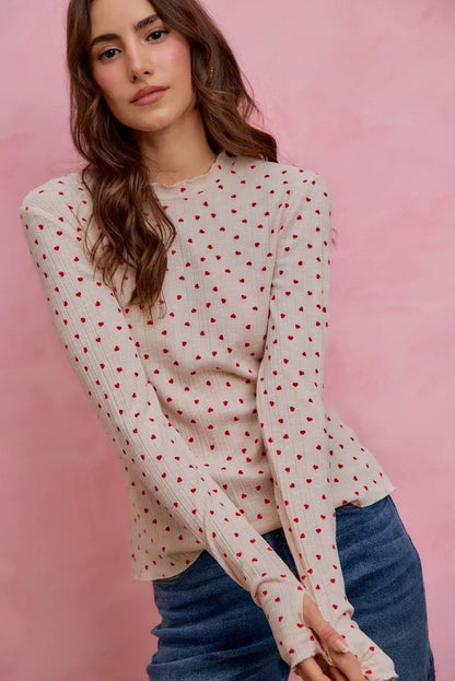 SO ME Ditsy Heart All Over Slub Rib Knit Valentine Top - Bitsy Gypsy Boutique