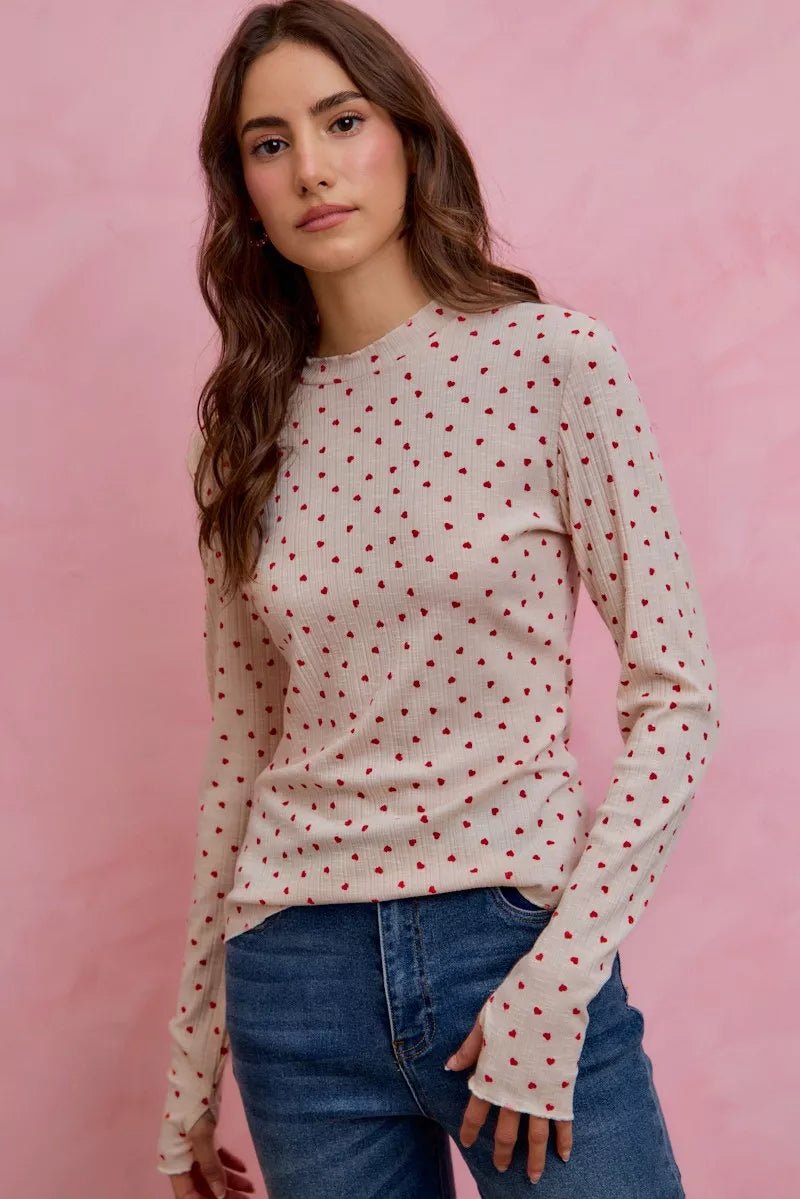 SO ME Ditsy Heart All Over Slub Rib Knit Valentine Top - Bitsy Gypsy Boutique