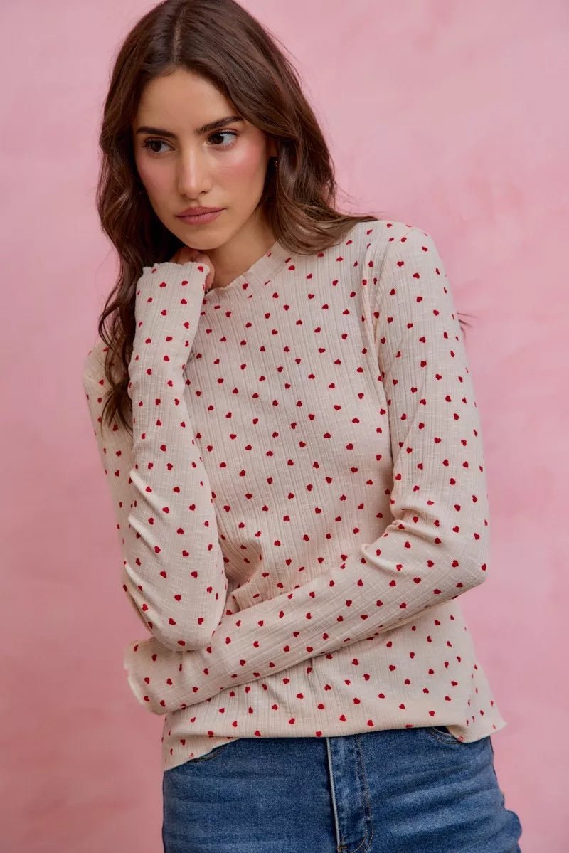 SO ME Ditsy Heart All Over Slub Rib Knit Valentine Top - Bitsy Gypsy Boutique