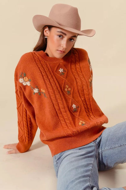 SO ME Embroidered Flower Cable Knitted Sweater - Bitsy Gypsy Boutique