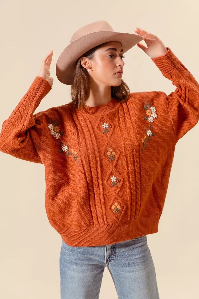 SO ME Embroidered Flower Cable Knitted Sweater - Bitsy Gypsy Boutique