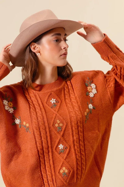 SO ME Embroidered Flower Cable Knitted Sweater - Bitsy Gypsy Boutique