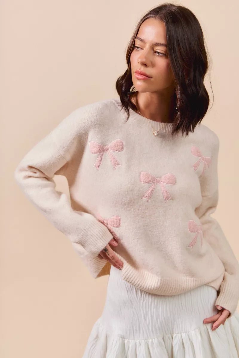 SO ME Embroidered Ribbon Round Neck Sweater - Bitsy Gypsy Boutique
