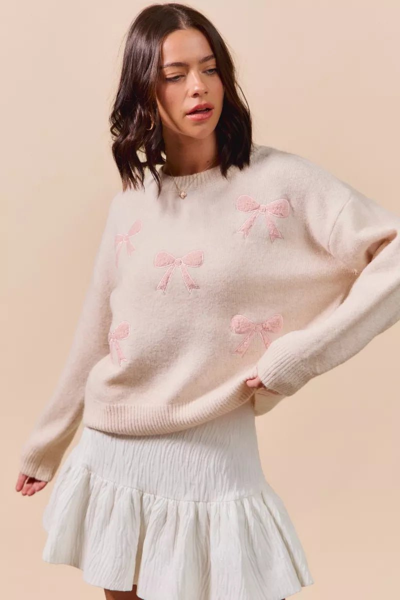 SO ME Embroidered Ribbon Round Neck Sweater - Bitsy Gypsy Boutique