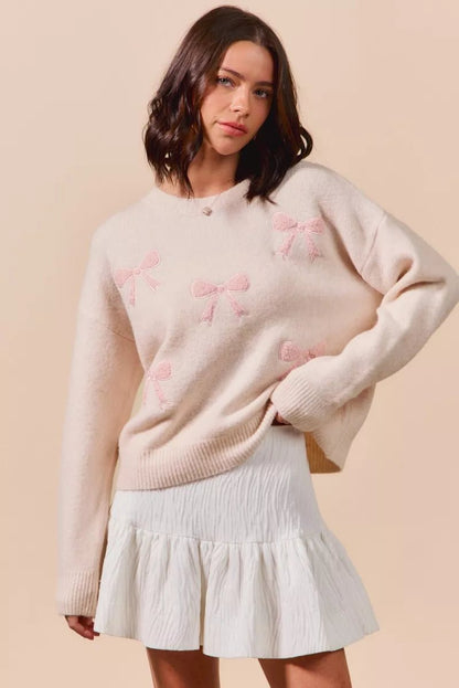 SO ME Embroidered Ribbon Round Neck Sweater - Bitsy Gypsy Boutique