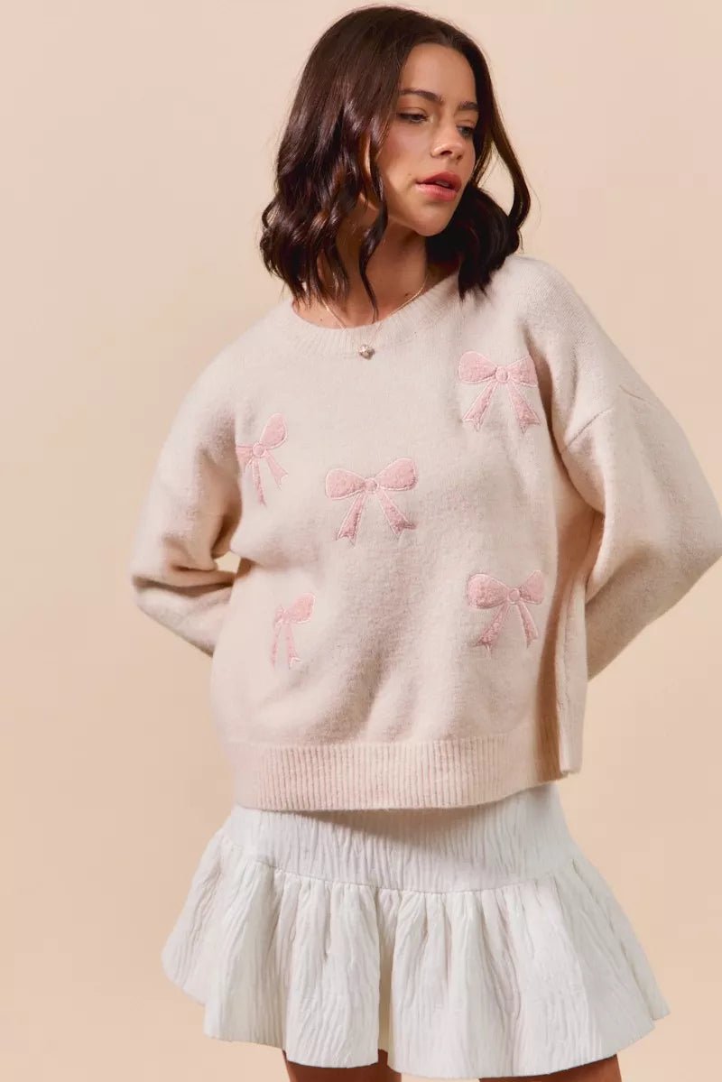 SO ME Embroidered Ribbon Round Neck Sweater - Bitsy Gypsy Boutique