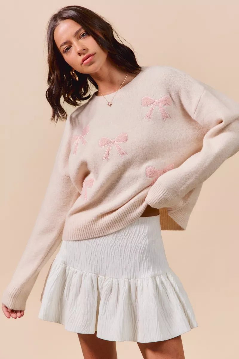 SO ME Embroidered Ribbon Round Neck Sweater - Bitsy Gypsy Boutique