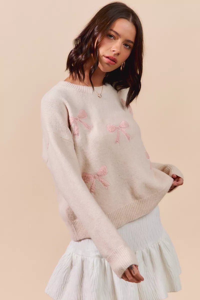 SO ME Embroidered Ribbon Round Neck Sweater - Bitsy Gypsy Boutique