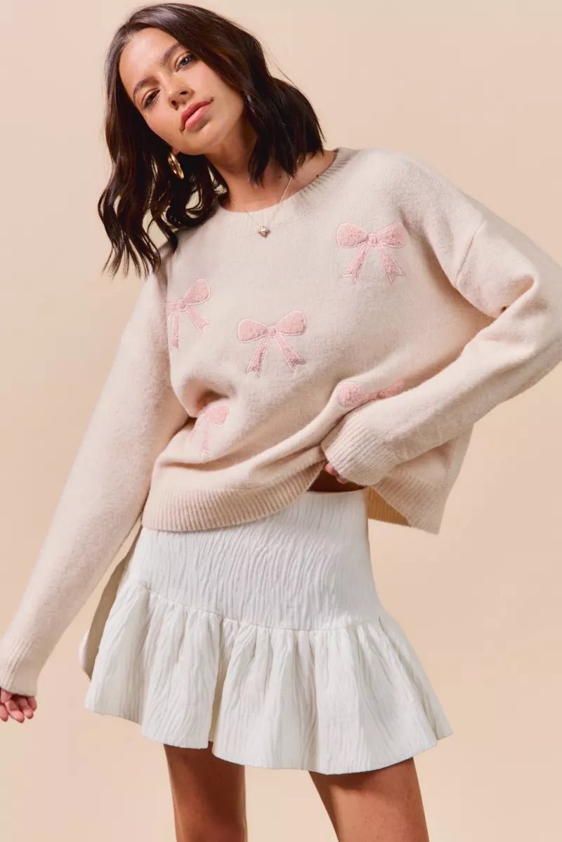 SO ME Embroidered Ribbon Round Neck Sweater - Bitsy Gypsy Boutique