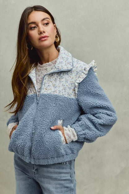 SO ME Faux Fur Sherpa Pull Jacket with Floral Contrast - Bitsy Gypsy Boutique