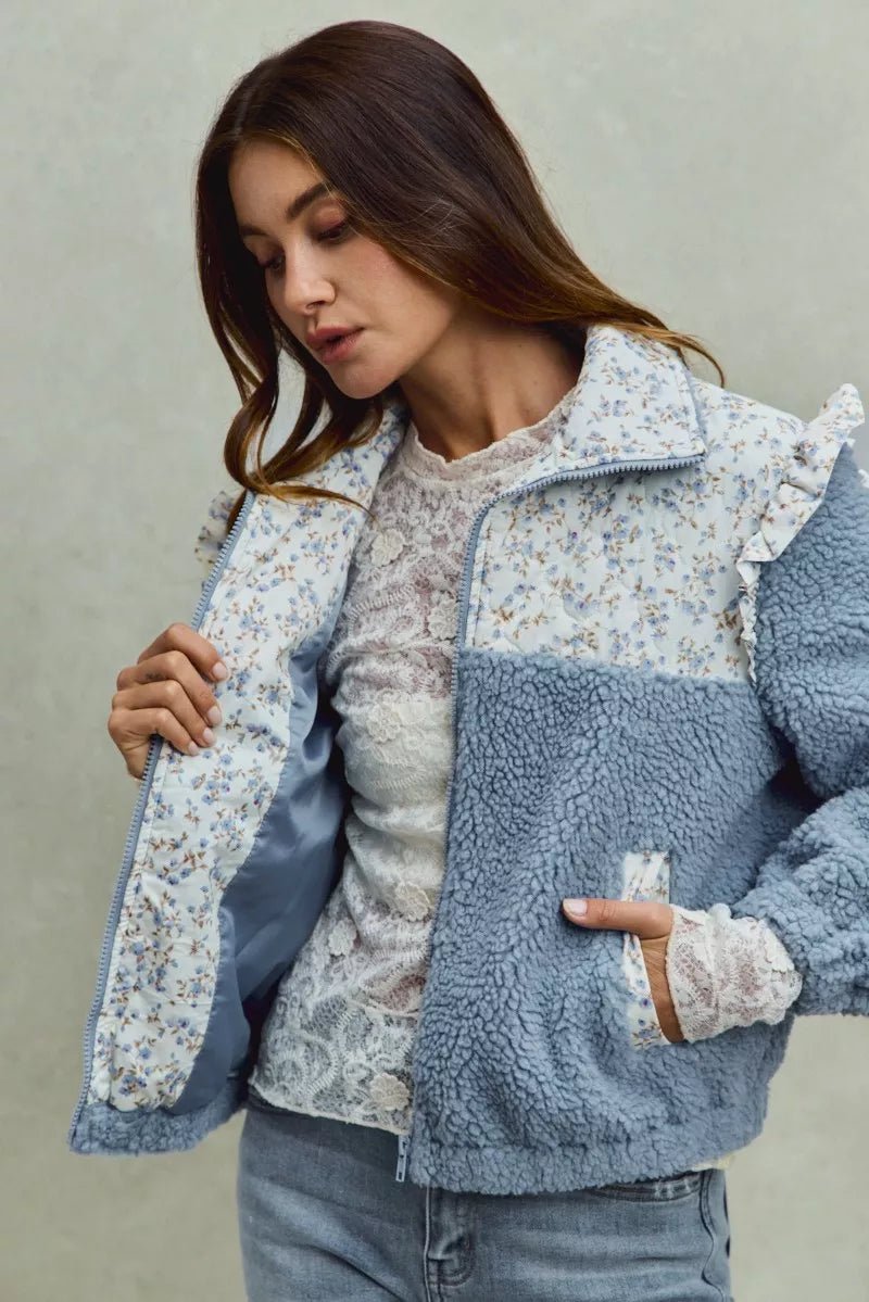 SO ME Faux Fur Sherpa Pull Jacket with Floral Contrast - Bitsy Gypsy Boutique